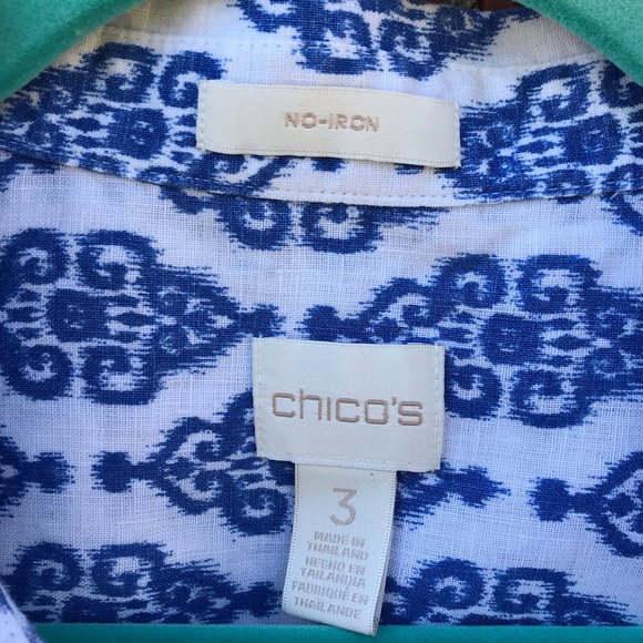 Chicos blue white patterned button up shirt blouse linen size 3 Large - Picture 2 of 6